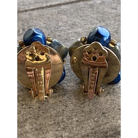 Lisner Clip Ons Earrings Vintage Blue Beads Gold Tone 50s - Picture 9 of 12